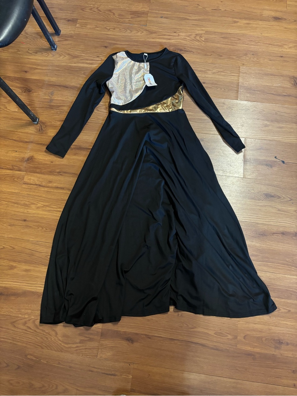 Black Gold Metallic Panel Maxi Dress Long Sleeve A-Line Formal Evening Party Gow - Picture 6 of 10